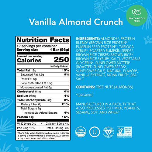 ALOHA Organic Plant Based Protein Bars - Vanilla Almond Crunch - 12 Count, 1.9oz Bars - Vegan, Low Sugar, Gluten-Free, Paleo, Low Carb, Non-GMO, Stevia-Free, Soy-Free, Sugar Alcohol Free