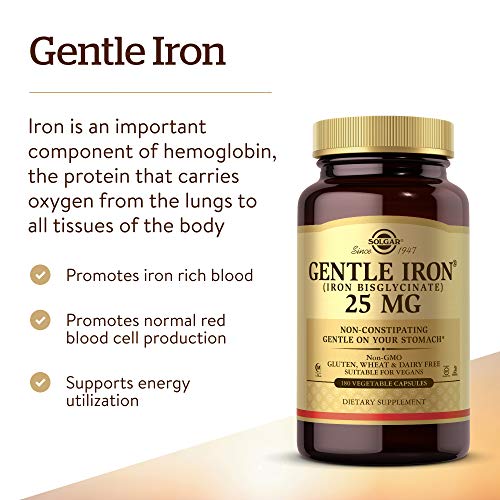 Solgar Gentle Iron (Iron Bisglycinate) 25 mg - 180 Vegetable Capsules - Non-Constipating, Gentle on Your Stomach - Non-GMO, Gluten Free - 180 Servings