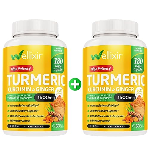 Wellixir 2 Pac of Wellixir Turmeric Supplement – Curcumin with Bioperine Capsules with Ginger Root Extract, Curcumin and Turmeric for Joint Health – 95% Curcuminoids Formula - 180 x 2 Capsules