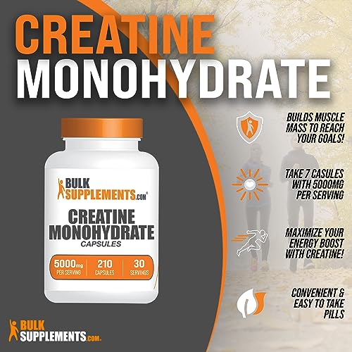 BulkSupplements.com Creatine Monohydrate Capsules - Micronized Creatine Monohydrate - 7 Creatine Capsules per Serving, 5000mg - Creatine Pills, Pre Workout with Creatine, Vegan Creatine (210 Capsules)