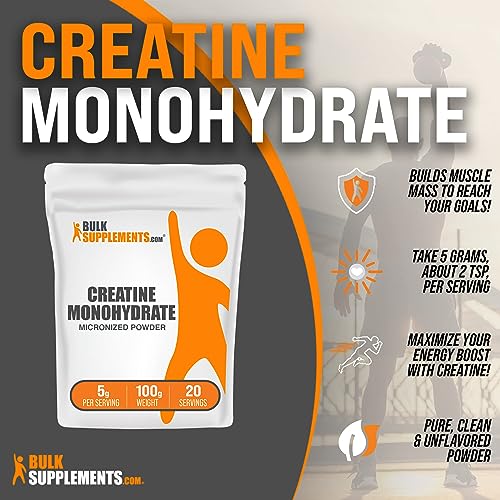 BULKSUPPLEMENTS.COM Creatine Monohydrate Powder - Micronized Creatine Monohydrate - Creatine Pre Workout - 5g (5000mg) of Creatine Powder per Serving, Gluten Free (100 Grams - 3.5 oz)