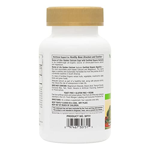 NaturesPlus Source of Life Garden Certified Organic Calcium with AlgaeCal - 1000 mg, 120 Vegan Capsules - Plant-Based Bone Health Support Supplement - Vegetarian, Gluten-Free - 30 Servings