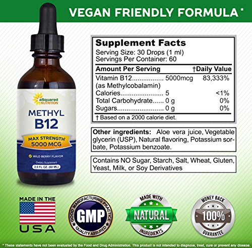 aSquared Nutrition Vitamin B12 Sublingual Liquid Drops - 5000 MCG Supplement with Methylcobalamin (Methyl B-12) - Max Absorption B 12 to Increase Energy - Vegan Friendly - 2 fl oz