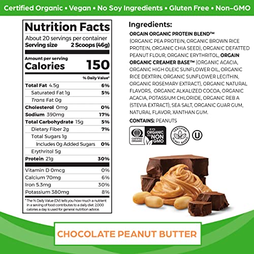 Orgain Organic Vegan Protein Powder, Chocolate Peanut Butter - 21g Plant Based Protein, Gluten Free, Dairy Free, Lactose Free, Soy Free, No Sugar Added, Kosher, For Smoothies & Shakes - 2.03lb