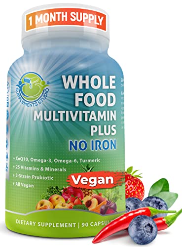 Vegan Whole Food Multivitamin without Iron, Daily Multivitamin for Men and Women, Organic Fruits & Vegetables, B-Complex, Probiotics, Enzymes, CoQ10, Omegas, Turmeric, All Natural, Non-GMO, 90 Count