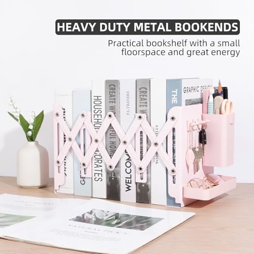ALKALO Adjustable Bookends, 19" Metal Book Ends for Heavy Books, 2 Dividers Bookends with Removable Pen Holder, Tray, and 3 Hook-up, Book Organizer for Office, School, Bookstore, Home