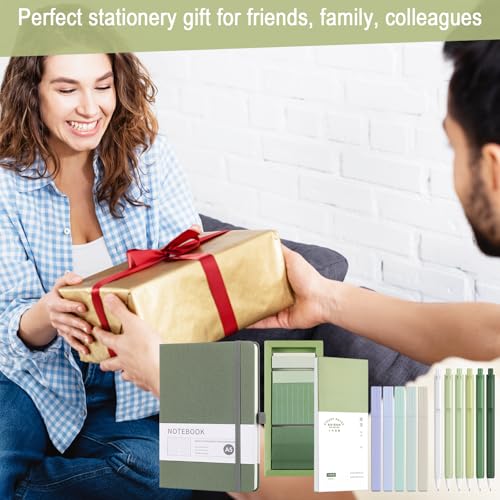 Dispowreath Aesthetic Stationery Set School Supplies 6 Retractable Black Pastel Gel Ink Pens 0.5mm Pastel Notebook Sticky Notes Set 5 Highlighters Self Stick Index Tabs for Study Office Schooll(Green)