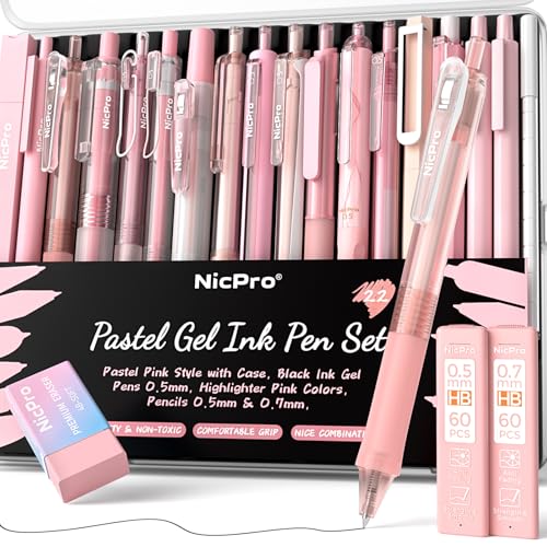 Nicpro 22PCS Pink Gel Ink Pen Set, Cute Aesthetic Pen 0.5mm, 12 Pink Pens Black Ink with 2 Highlighter and 2 Mechanical Pencil 0.5 0.7mm, Fine Point Smooth Writing Pens for Girls, Pink School Supplies