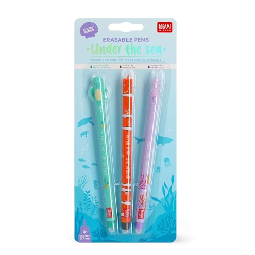 Legami - Set of 3 Erasable Gel Pens, Under the Sea, Pens with Thermosensitive Erase Ink, Turquoise, Black, Purple, Erasable Pen Marine, Erasable Pen Without Consuming the Sheet, 0.7mm Tip