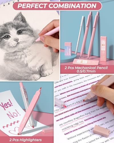 Nicpro 22PCS Pink Gel Ink Pen Set, Cute Aesthetic Pen 0.5mm, 12 Pink Pens Black Ink with 2 Highlighter and 2 Mechanical Pencil 0.5 0.7mm, Fine Point Smooth Writing Pens for Girls, Pink School Supplies