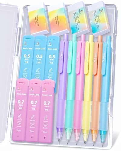 Drawdart Mechanical Pencil Set, 6 Pcs Pastel Mechanical Pencils 0.7mm & 0.5mm with 6 Tubes of HB Lead Refill and 4 Erasers, Cute Aesthetic School Supplies for Writing Drawing Sketching Drafting