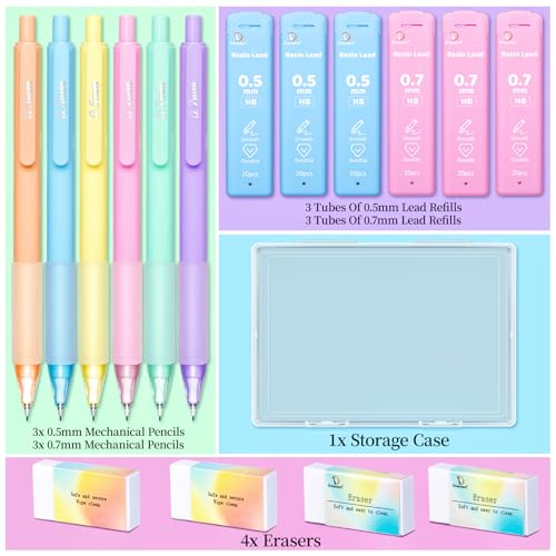 Drawdart Mechanical Pencil Set, 6 Pcs Pastel Mechanical Pencils 0.7mm & 0.5mm with 6 Tubes of HB Lead Refill and 4 Erasers, Cute Aesthetic School Supplies for Writing Drawing Sketching Drafting