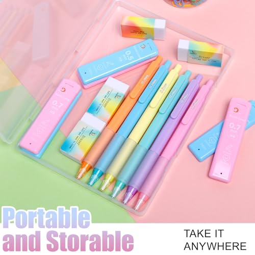 Drawdart Mechanical Pencil Set, 6 Pcs Pastel Mechanical Pencils 0.7mm & 0.5mm with 6 Tubes of HB Lead Refill and 4 Erasers, Cute Aesthetic School Supplies for Writing Drawing Sketching Drafting