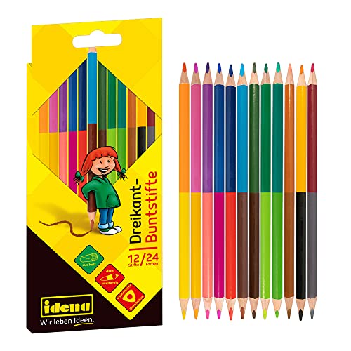 Idena 20115 Colouring Pencils in Ergonomic Triangle Shape, 12 Colouring Pencils with 24 Colours in Cardboard Case for Painting, Drawing, Writing and Colouring, Triangular Pens for Kids Garden, School