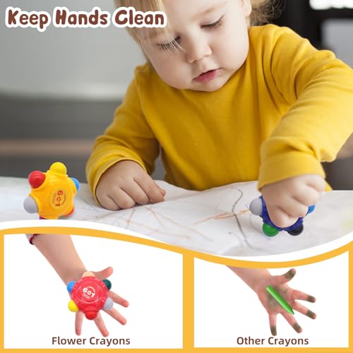 Lebze 9 Colors Crayons with Eraser for Toddlers, Easy to Hold Non Toxic for Kids Ages 2-4, 3 Pocket Crayons, Safe for Baby and Children Art School Supplies Flower Monaco
