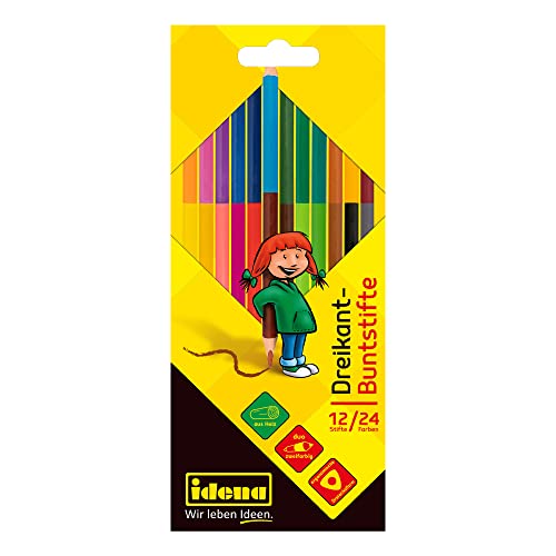 Idena 20115 Colouring Pencils in Ergonomic Triangle Shape, 12 Colouring Pencils with 24 Colours in Cardboard Case for Painting, Drawing, Writing and Colouring, Triangular Pens for Kids Garden, School