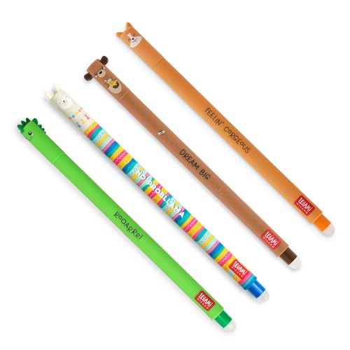 Legami - Set of 4 Erasable Gel Pens, Themes Dino, Teddy Bear, Corgi, Llama, Ball on the End to Remove Ink - Black, Blue, Green, Red, Thermosensitive, Tip Diameter 0.7 mm