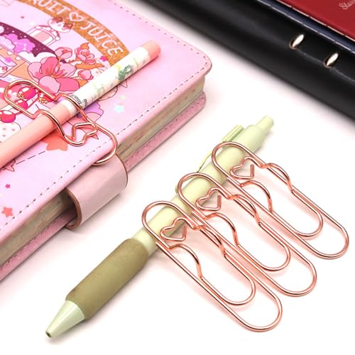 NELJIBEHU 12-Pack Pen Holder Clips for Notebook, Cute Heart Paper Clips,Rose Gold Office Supplies(12 Rose Gold)