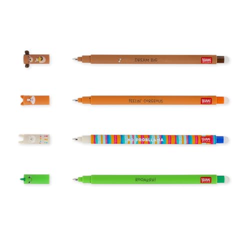 Legami - Set of 4 Erasable Gel Pens, Themes Dino, Teddy Bear, Corgi, Llama, Ball on the End to Remove Ink - Black, Blue, Green, Red, Thermosensitive, Tip Diameter 0.7 mm
