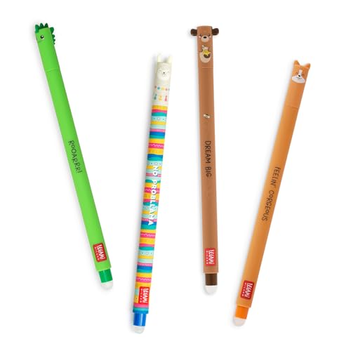 Legami - Set of 4 Erasable Gel Pens, Themes Dino, Teddy Bear, Corgi, Llama, Ball on the End to Remove Ink - Black, Blue, Green, Red, Thermosensitive, Tip Diameter 0.7 mm