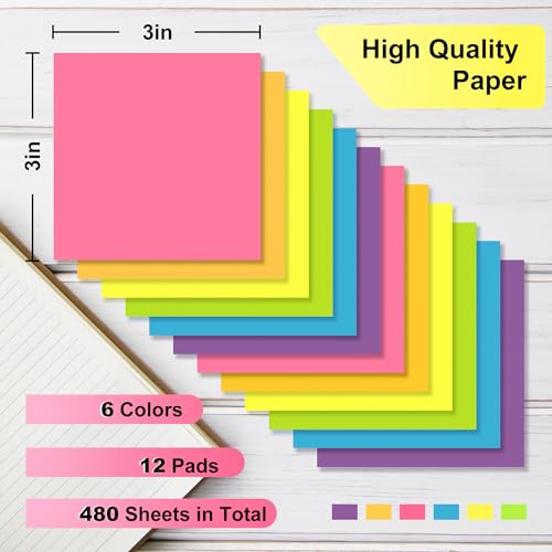Colorful Sticky Notes - 12 Pads, 3"x3
