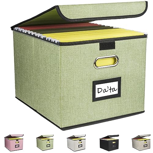 Linen Collapsible File Organizer with Lid - Green