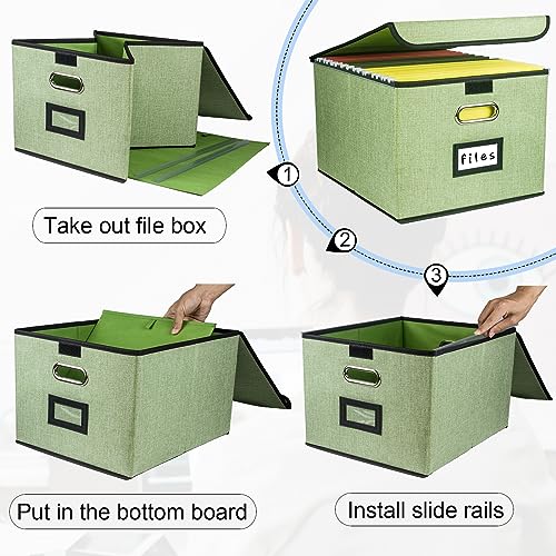 Linen Collapsible File Organizer with Lid - Green