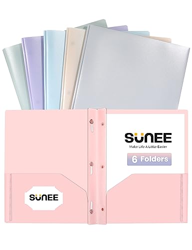 Pastel 3-Prong Plastic Folders with Pockets - 6 Pack