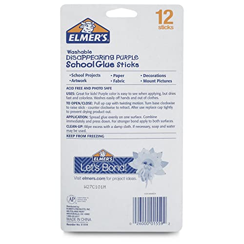 Elmer's Washable Purple Disappearing Glue Sticks, 12 Count