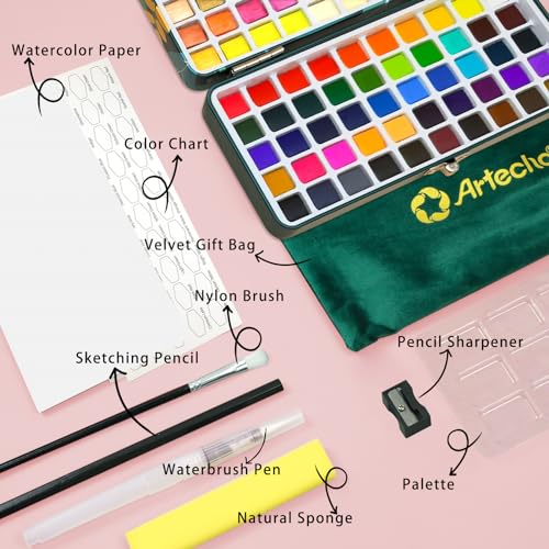 Artecho 100-Color Watercolor Paint Set with Brushes