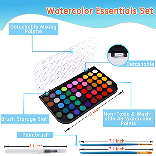 48-Color Washable Watercolor Paint Set with Brush