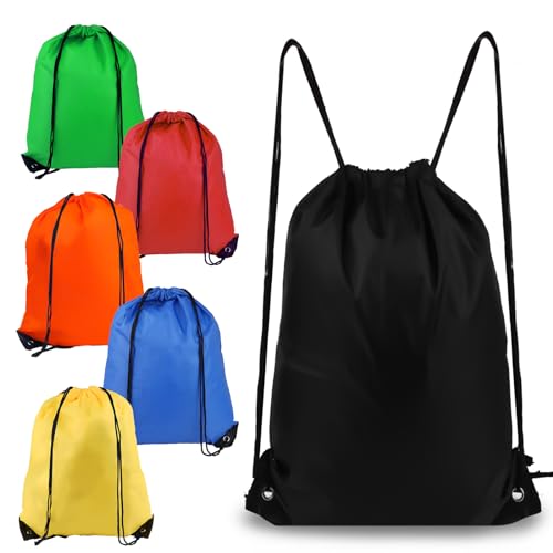 6-Pack Black Drawstring Gym Bags for Sports