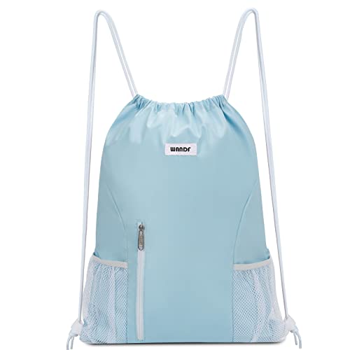 Light Blue Drawstring Backpack with Mesh Pockets