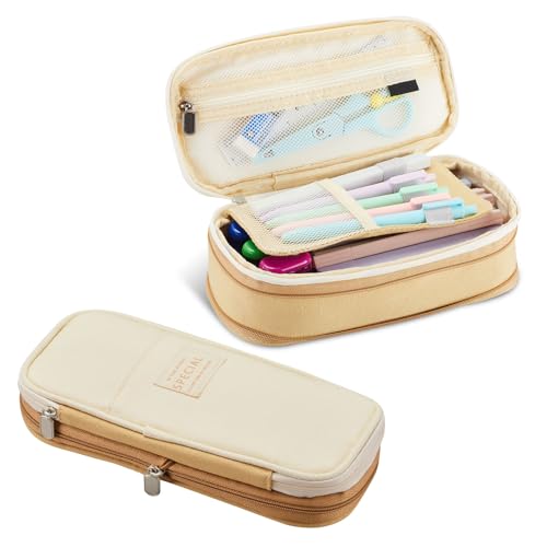 Large Capacity Zipper Pencil Case - Khaki