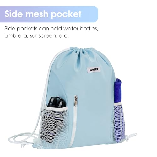 Light Blue Drawstring Backpack with Mesh Pockets
