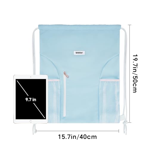 Light Blue Drawstring Backpack with Mesh Pockets