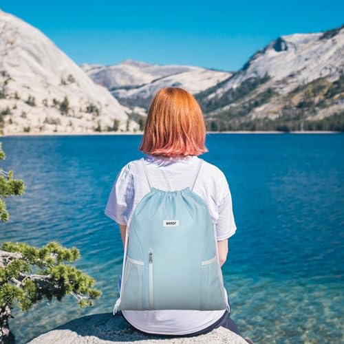 Light Blue Drawstring Backpack with Mesh Pockets