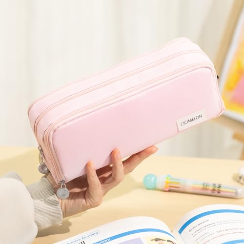 CICIMELON Large 3-Compartment Pencil Case - Pink
