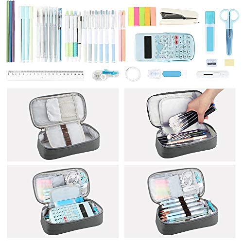 Large Capacity Dual Zipper Pencil Case - Gray