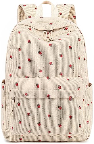 Corduroy Teen Girls School Backpack - Strawberry Beige