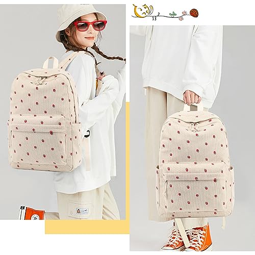 Corduroy Teen Girls School Backpack - Strawberry Beige