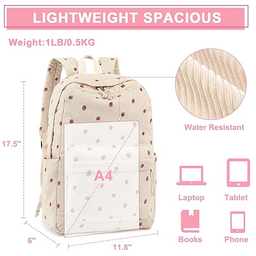 Corduroy Teen Girls School Backpack - Strawberry Beige