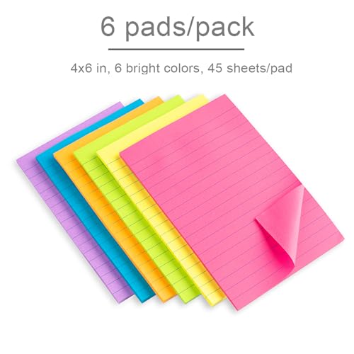 Bright Lined Sticky Note Pads, 4x6 Inches, 6 Pack