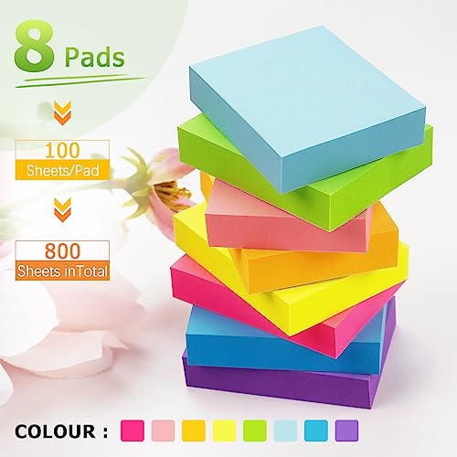 Bright Color Sticky Notes - 8 Pads, 800 Sheets