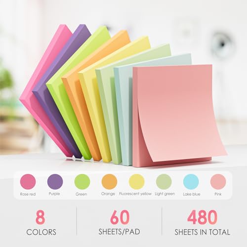 Colorful 3x3 Sticky Notes - 8 Pads, 60 Sheets