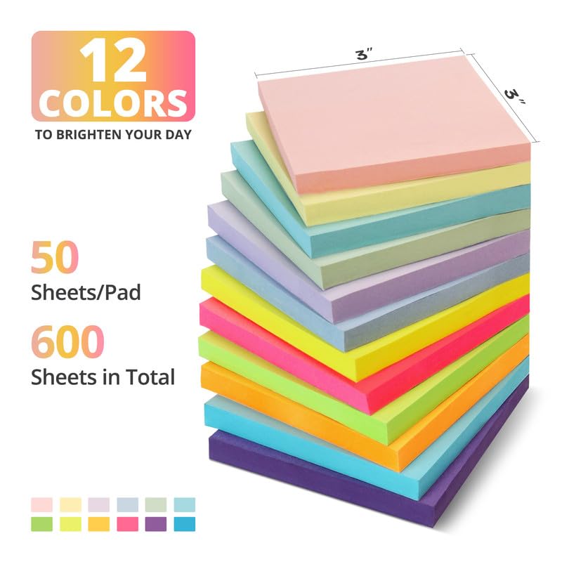 Colorful 3x3 Sticky Notes, 12 Pads - Pastel