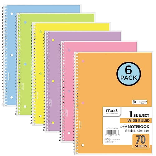 Mead 6-Pack Spiral Notebooks, Assorted Pastel Colors