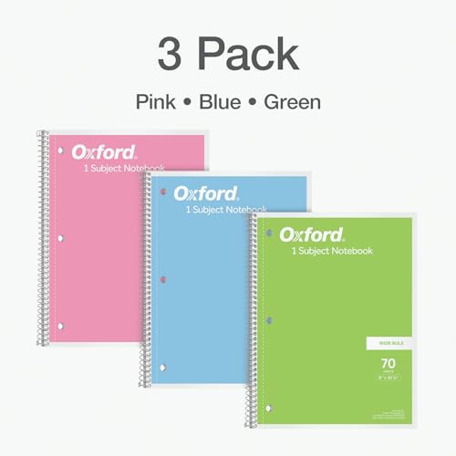 Oxford 1-Subject Spiral Notebooks, Assorted Pastels, 3-Pack