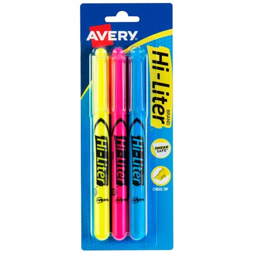 AVERY Smear Safe Chisel Tip Highlighters, 3 Count