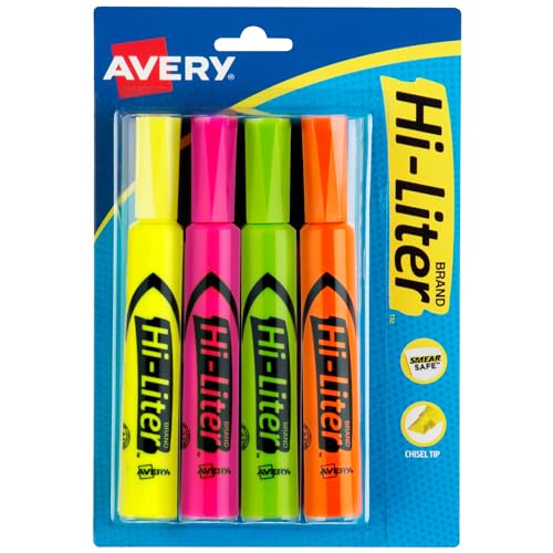 AVERY Chisel Tip Smear Safe Highlighters, 4-Pack